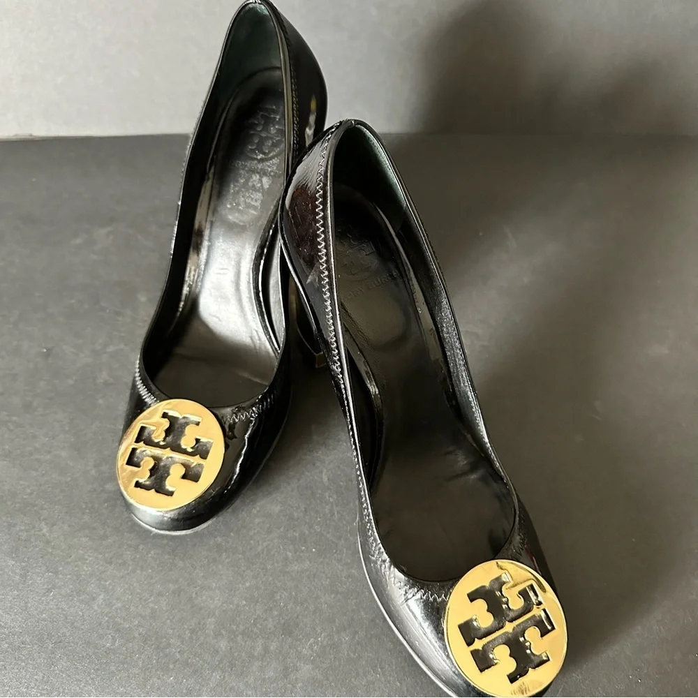 Tory Burch Patent Black Leather Maddie Block Heel Pumps Size 9.5